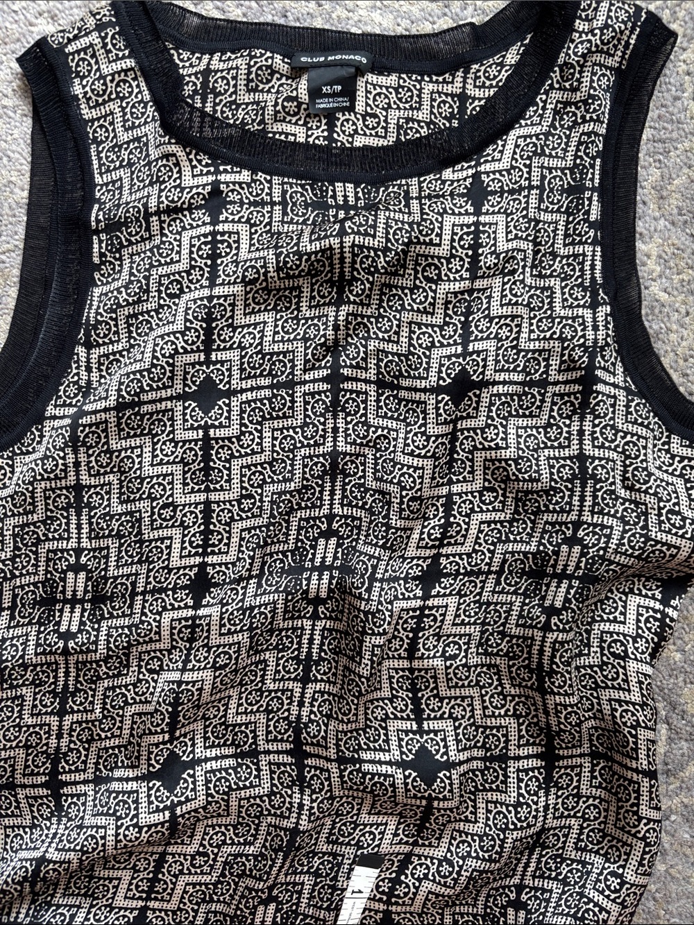 Black & White Patterned  Tank Top 100% silk with knit trim